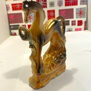 Vintage Prancing Lusterware Cream and Tan Ceramic Horse Art Figurines